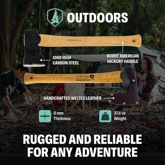 Condor Tool &amp Knife Woodworker Axe 1.5 Lb W/Leather Sheath - 1060 High-Carbon Steel Camping Axe with American Hickory Handle - Perfect for Camping Survival Firewood Splitting &amp Outdoor Craft