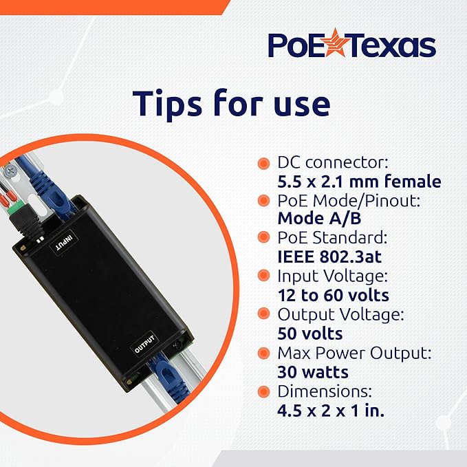 PoE Texas DC-Powered PoE+ (30 watt) Gigabit Inline Injector Converts 12-60V in to 50 Volt IEEE 802.3at PoE+ Out - Variable DC PoE Injector for Solar &amp Battery Powered Installations WiFi &amp Mor