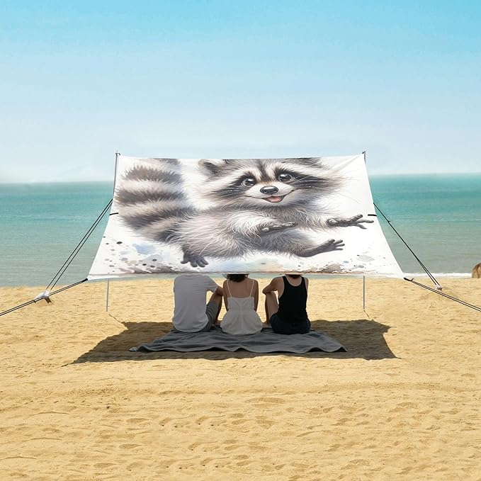 ALAZA Funny Raccoon Animal Beach Tent Sun Shelter UPF50+ Protection Beach Shade Canopy w/ 4 Sandbags for Outdoor Camping Fishing Backyard Fun Picnic 10x9 ft