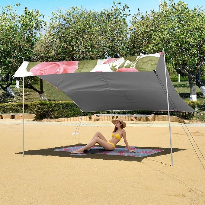 ALAZA Pink Rose Flower Beach Tent Sun Shelter UPF50+ Protection Beach Shade Canopy w/ 4 Sandbags for Outdoor Camping Fishing Backyard Fun Picnic 10x9 ft