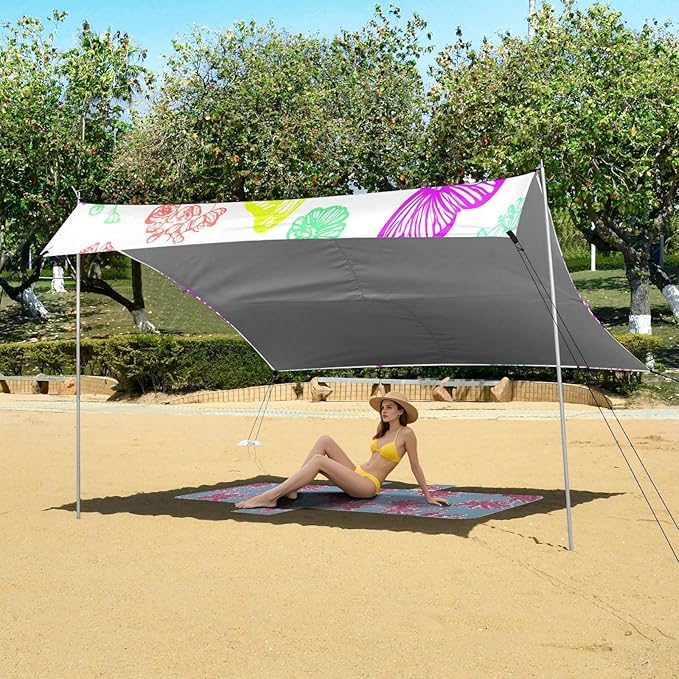 xigua Butterfly Beach Tent Sun Shelter with Carrying Bag - Silver Coated Oxford Fabric Beach Canopy for Beach Camping Fishing - Includes Windproof Ropes Sandbags &amp Stakes
