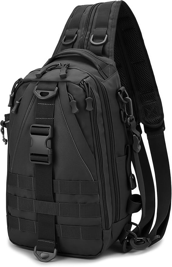 Mint &amp Moss Tactical Backpack for Men Water Resistant Tackle Backpack with Rod Holder &amp Tackle Box Kit Lightweight Sling Fishing Bag for Trekking Survival Camping Fitness Travel (Black)