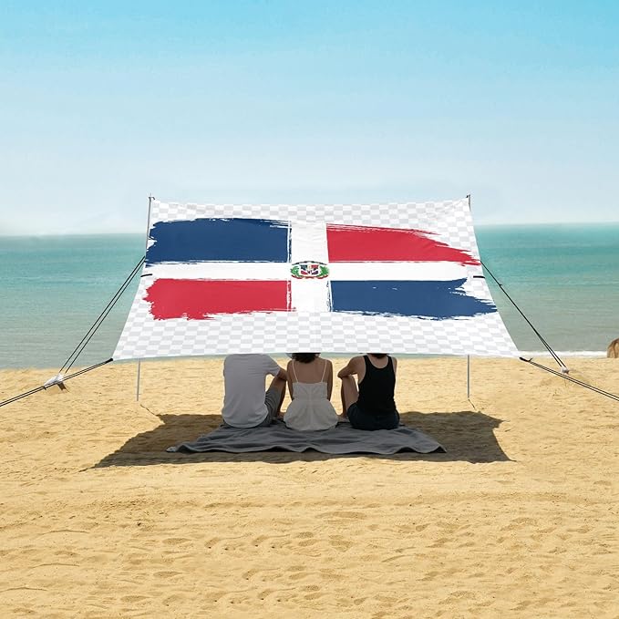 Dominican Republic Flag National Beach Tent UPF50+ Protection Water-Resistant Shade Sun Shelter with Sturdy Poles Sandbags and Shovel for Camping Fishing Backyard Fun