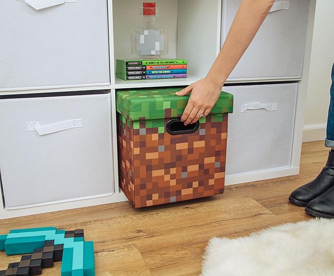 Minecraft Grassy Block 13-Inch Storage Bin Chest with Lid | Foldable Fabric Basket Container Cube Organizer with Handles Cubby for Shelves Closet | Home Decor Essentials Video Game Gifts