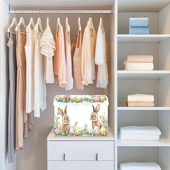 Christmas Storage Baskets with Lids Cute Bunnies Easter Eggs Collapsible Bins Stackable Fabric Linen Baskets Closet Organizer Container 16.5x12.6x11.8