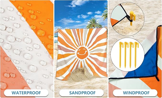 Beach Blanket Waterproof Sandproof Beach Mat 79 X 83/10'x9'for 2-8 Adults Quick Drying Outdoor Picnic Mat Beach Accessories for Travel Camping Hiking