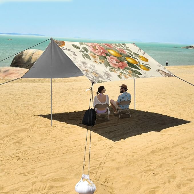 Lemon Floral and Birds Beach Tent Sun Shelter Set UPF50+ UV Protection 10.5 x 9.19 FT Camping Shade Canopy with Sandbags Sand Anchors Carrying Bag and Others