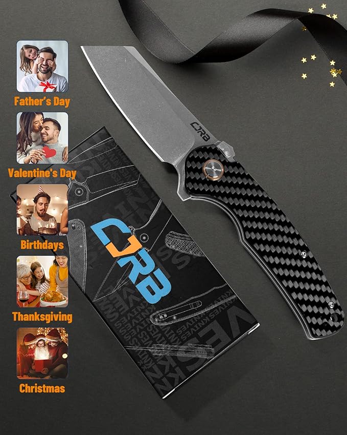 CJRB Crag Tactical KnifeCleaver Pocket Folding Knife with Stonewash AR-RPM9 Steel Blade and Carbon Fiber Handle for Men Outdoor Survival Camping and EDC Black (J1904R)