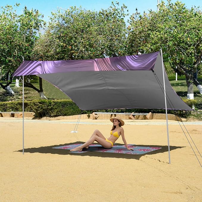 xigua Purple Texture Beach Tent Sun Shelter with Carrying Bag - Silver Coated Oxford Fabric Beach Canopy for Beach Camping Fishing - Includes Windproof Ropes Sandbags &amp Stakes