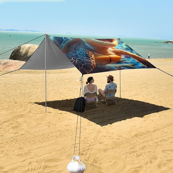ALAZA Cute Sea Turtle with Ocean Beach Tent Sun Shelter Portable Canopy Sunshade for Outdoor Camping Picnics Backyard Fun 10x9 ft