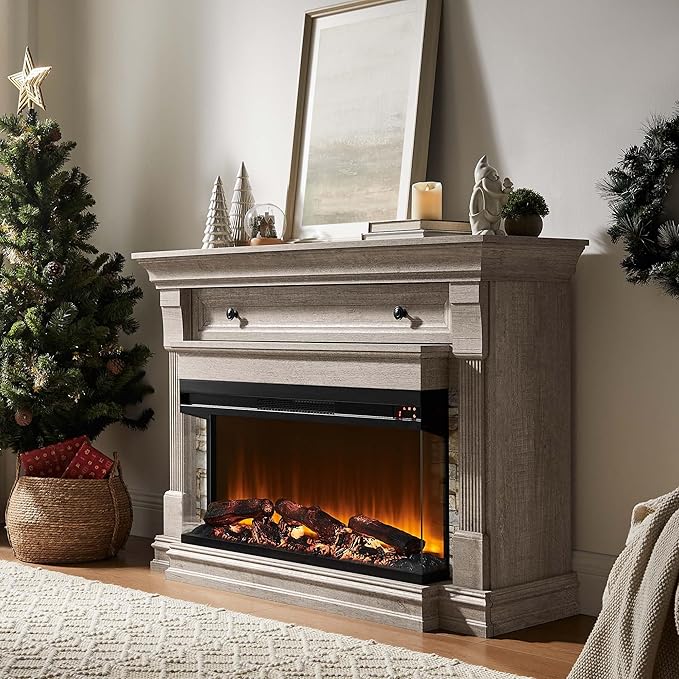 OKD 52 Inch Electric Fireplace with Mantel Fireplace TV Stand with 36 3-Sided Glass Electric Fireplace Heater for Living Room (Light Rustic Oak)