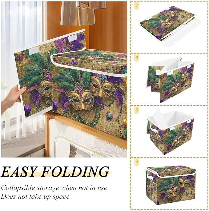 Mardi Gras Masks Yellow Storage Box with Lid 1 PC Foldable Storage Bin with Lids Stackable Storage Bins Cube Closet Organizer Basket with Flip-Top Lid &amp Handles for Shoes Books Towels