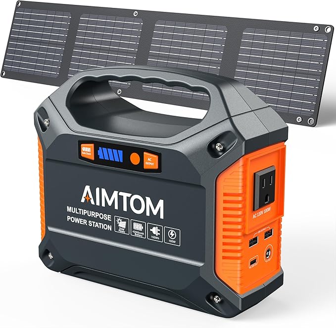 AIMTOM 155Wh Portable Power Station with 30W Solar Panel – 150W Peak/110V AC 18W USB-C 2x USB-A &amp 12V DC – Solar Generator for Camping Home RV Travel &amp Emergencies