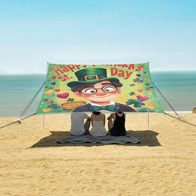 xigua St. Patrick's Day Beach Tent Sun Shelter with Carrying Bag - Silver Coated Oxford Fabric Beach Canopy for Beach Camping Fishing - Includes Windproof Ropes Sandbags &amp Stakes