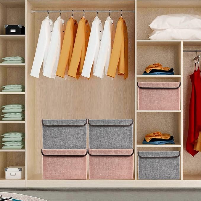 Bagnizer Linen Fabric Foldable Storage Cube Bin Organizer Basket with Flip-Top Lid &amp Handles Large Clothes Blanket Box for Home Office Closet Gray &amp Pink 4 Pack 14.6 x 9.5 x 9.5”