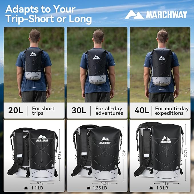 MARCHWAY Floating Roll Top Dry Bag Flexible Lightweight TPU Waterproof Backpack 20L/30L/40L with Padded Straps for Boating Kayaking Swimming Hiking Beach (Black 40L)