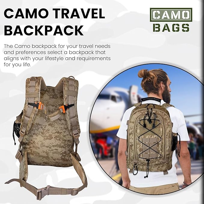 Camo Expandable Travel Backpack with 1000 Denier Cordura Polyester - Backpack For Men with Padded Straps &amp Multiple Compartments - Hiking Backpack for Campers Travelers with Large-Capacity Storag