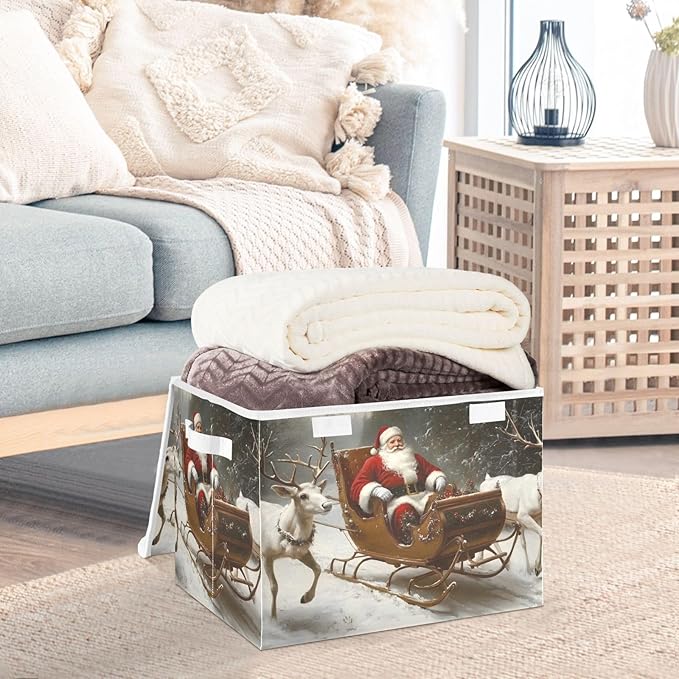 Collapsible Storage Bins Christmas Deers Santa Claus with Lids &amp Handles Foldable Storage Boxes Basket with Flip-Top Lid for Home Office 16.5” x 12.6” x 11.8”
