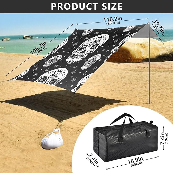 ALAZA Sugar Skull The Day of Dead Black White Beach Tent Sun Shelter Portable Canopy Sunshade for Outdoor Camping Picnics Backyard Fun 10x9 ft