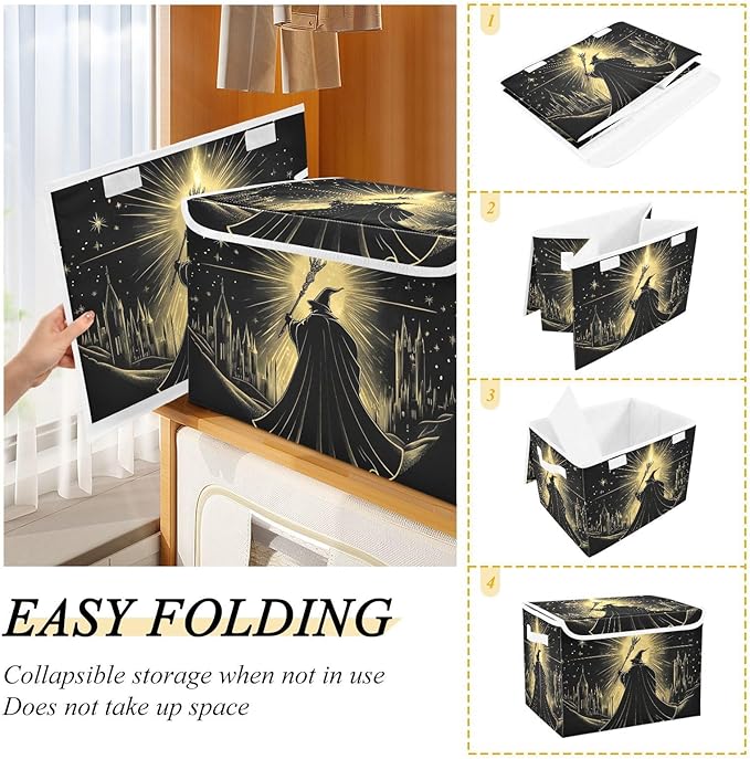 Large Storage Bins Witch Gold Black with Linen Foldable Storage Cubes Fabric Closet Organizer Containers box with Flip-Top Lid for Home Office 16.5 x 12.6 x 11.8 IN