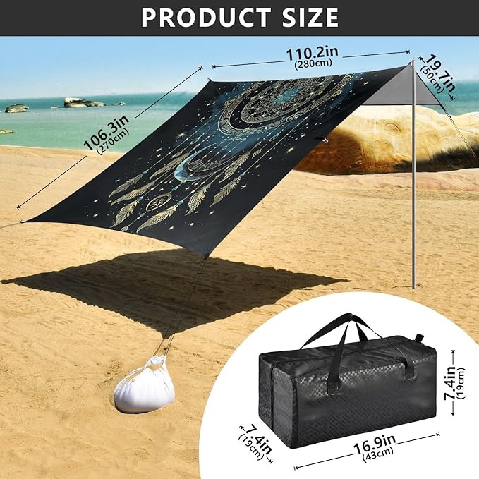 ALAZA Mandala Dreamcatcher Moon Beach Tent Sun Shelter Portable Canopy Sunshade for Outdoor Camping Picnics Backyard Fun 10x9 ft