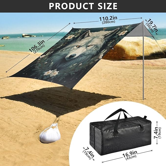 ALAZA Wolf Head Wreath of Flowers Beach Tent Sun Shelter Portable Canopy Sunshade for Outdoor Camping Picnics Backyard Fun 10x9 ft