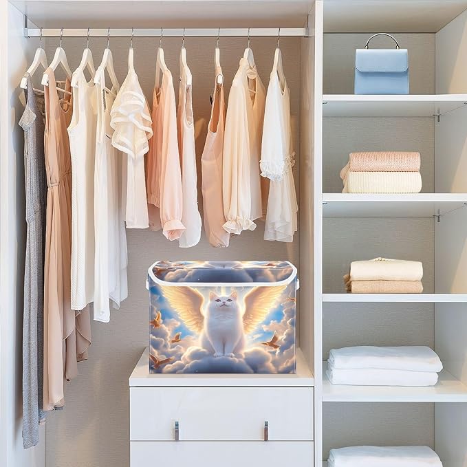 White Cat Wings Clouds Birds Storage Bins with Lids Foldable Storage Boxes Cube Closet Storage Baskets Container Organizers for Home Bedroom Office