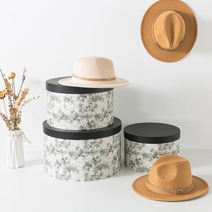 Soul &amp Lane Floral Hat Round Boxes with Lids Set of 3 Nesting Cardboard Hat Storage Large Black Print Cases Stacking Round Decorative Keepsake Boxes for Organizing