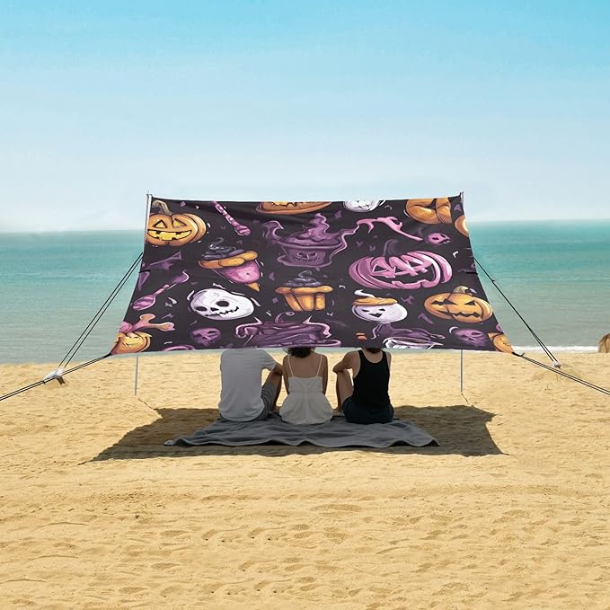 ALAZA Halloween Pumpkin Witchy Beach Tent Sun Shelter UPF50+ Protection Beach Shade Canopy w/ 4 Sandbags for Outdoor Camping Fishing Backyard Fun Picnic 10x9 ft