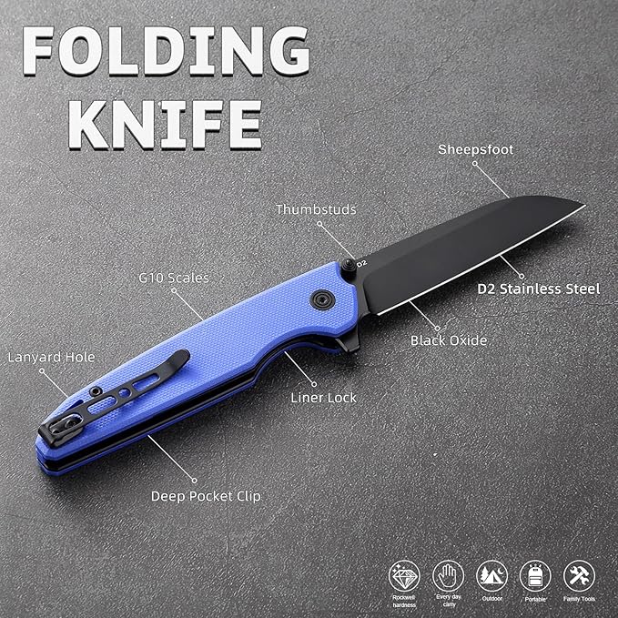 D2 Steel Folding Pocket Knife with Reversible Clip: 3.14 Black Sheepsfoot Blade Liner Lock G10 Handle Small EDC Flipper Knives Camping Tool for Man &amp Women Blue