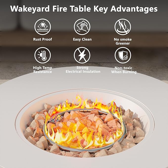 32.5 inch Outdoor Propane Fire Pit Table 50000 BTU Round Patio Fire Pit Table with Lid Waterproof Cover 10ft Gas Hose &amp Gas Tank Base Lava Rocks CSA Certified White