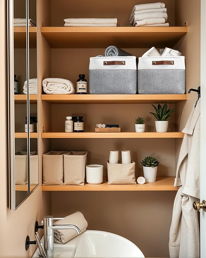 DECOMOMO Storage Baskets for Shelves - Fabric Storage Bins Linen Closet Organizers and Storage (Grey &amp White Large - 3 Pack)
