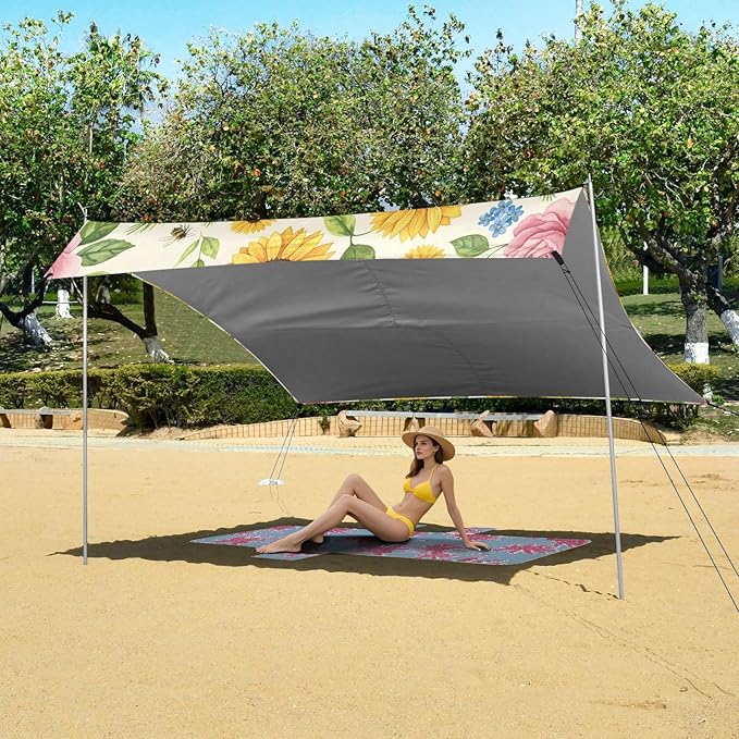 xigua Rose and Sunflower Beach Tent Sun Shelter with Carrying Bag - Silver Coated Oxford Fabric Beach Canopy for Beach Camping Fishing - Includes Windproof Ropes Sandbags &amp Stakes