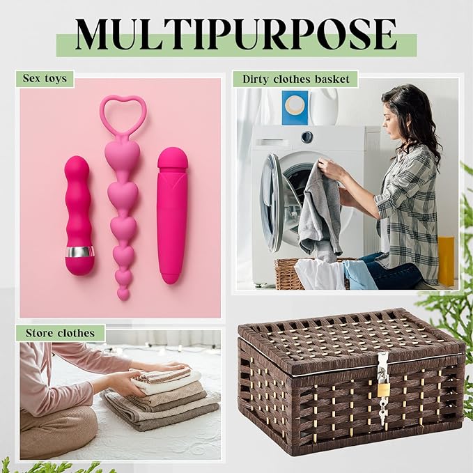 Discreet Lockable Adult Toy bag Storage Organizer Case for Women and Men Adult Wicker Baskets with Lid and Lock 13.8 x 9.8 x 6.3 Inch Box for Toys Valentine's Day Container(Dark Brown)