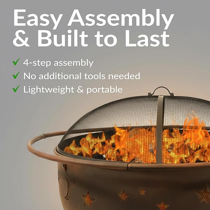 Sunnydaze Cosmic 42-Inch Large Outdoor Fire Pit - Wood-Burning Fire Pit with Round Spark Screen Poker and Built-in Grate