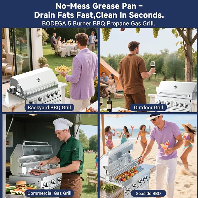 BODEGA 5 Burner Built In Gas Grill Island Head Stainless Steel 30 Inch Propane Grill with Rear Burner 58000 BTUs 988.5 SQ In Racks Dual Fuel Compatibility Gas Grill Outdoor Cooking BBQ Fork Kit.