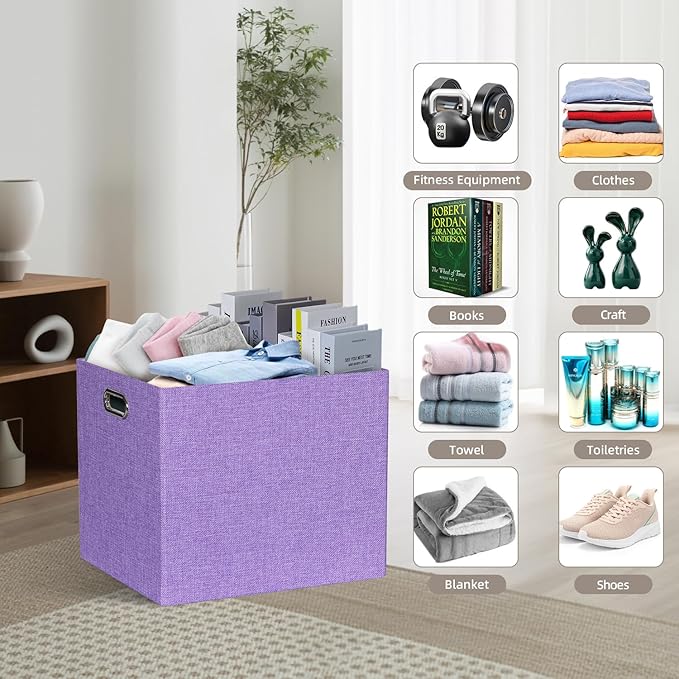 13x15x13 Storage Cube Bins Foldable Storage Cubes Fabric Organizer Basket Bin Solid Containers Decorative Storage Boxes for Shelves Wardrobe Closet Home Office 4 Pack Purple