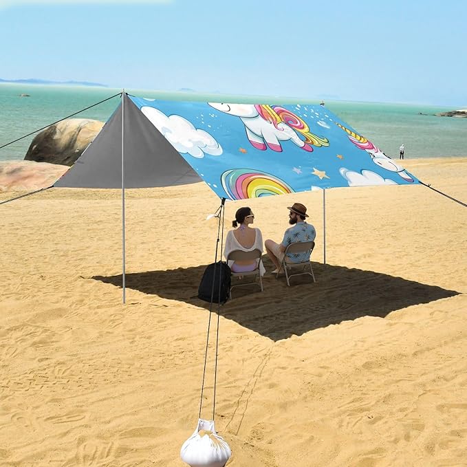 ALAZA Cute Rainbow Unicorns Cartoon Beach Tent Sun Shelter UPF50+ Protection Beach Shade Canopy w/ 4 Sandbags for Outdoor Camping Fishing Backyard Fun Picnic 10x9 ft