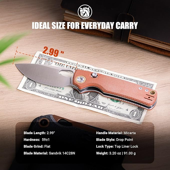 Vosteed EDC Knife 2.99 Sandvik 14C28N Steel Wider Blade Top Liner Lock Brown Micarta Handle Folding Pocket Knives with Clip for Men &amp Women Camping Fishing - Porcupine - A2604
