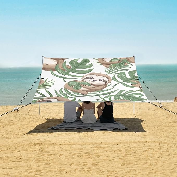 ALAZA Cute Sloth and Palm Leaves Beach Tent Sun Shelter Portable Canopy Sunshade for Outdoor Camping Picnics Backyard Fun 10x9 ft