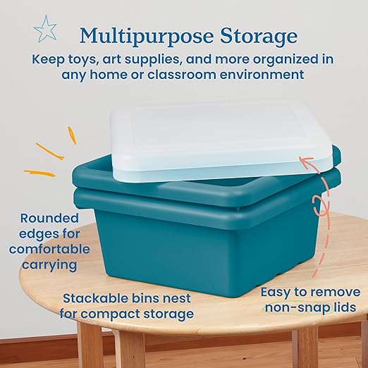 ECR4Kids Square Bin with Lid Storage Containers Turquoise 2-Pack