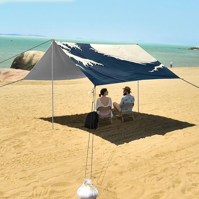 Beach Canopy with Windproof Ropes &amp Sandbags Beach Tent Sun Shade Sun Shelter for Camping Trips Fishing Backyard Fun or Picnics Waves
