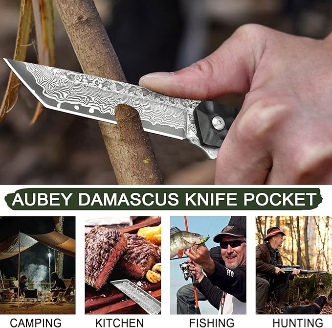 AUBEY Damascus Pocket Knife Tanto VG10 Core Damascus Steel Folding Knives with Ball Bearing Aluminum Alloy Non-Slip Handle and Glass Breaker EDC Damascus Knife for Men Women (Black)