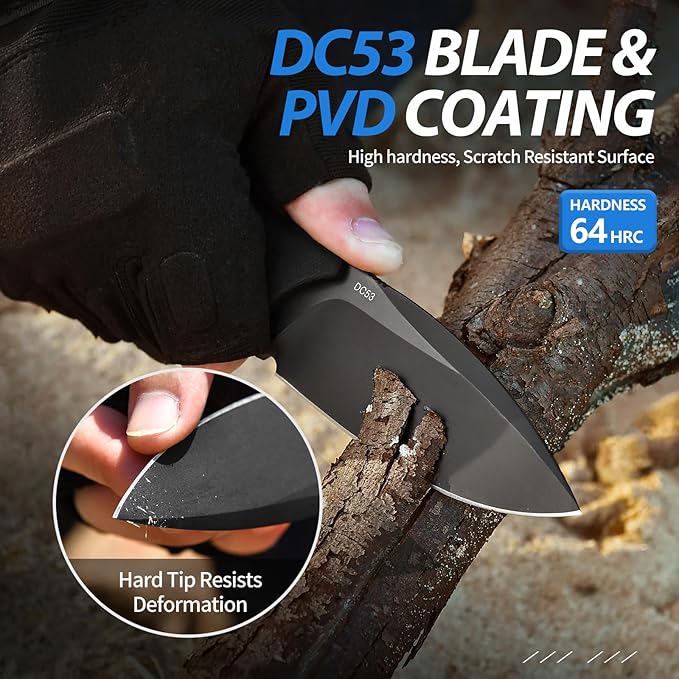 Fixed Blade Knife with Sheath 3.5” DC53 Steel blade with Black Titanium Coating and G10 Handle Full Tang Outdoor Camping Hiking Survival Knives for Men Women