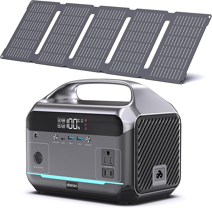 DARAN Portable Power Station with 60W Solar Panel 288Wh (90000mAh) LiFePO4 Battery 350W (600W Peak) Mini Solar Generator 2.1Hrs Fast Charing 7-Port Design with AC Outlet for Emergency Hurricane