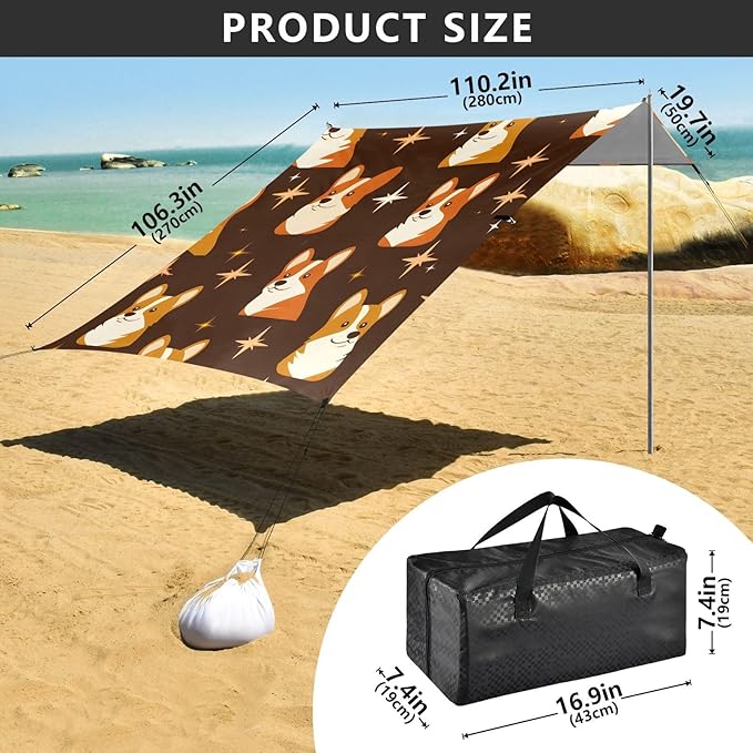 ALAZA Celestial Corgi Pattern Beach Tent Sun Shelter Portable Canopy Sunshade for Outdoor Camping Picnics Backyard Fun 10x9 ft