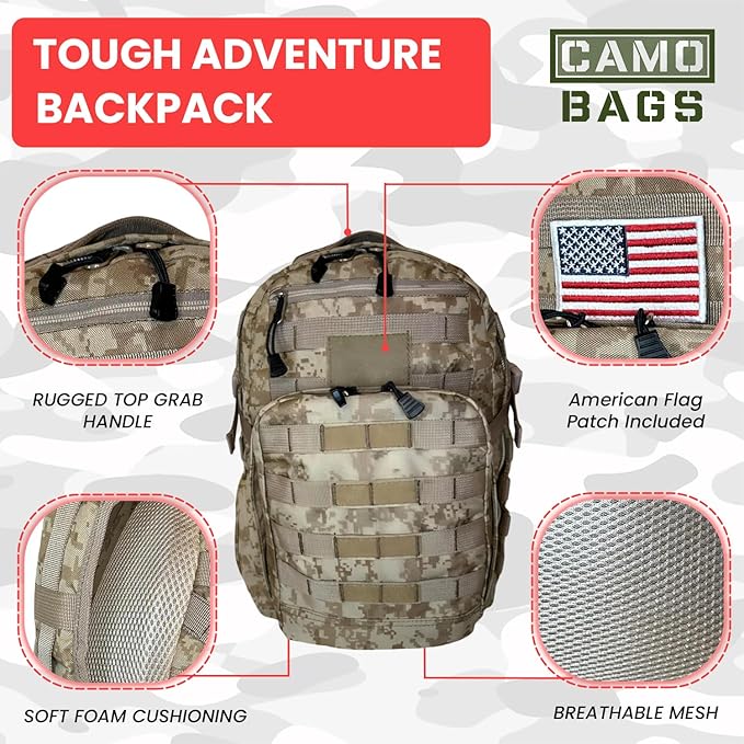 Camo Tactical Daypack Backpack - 1000D Polyester Tactical Backpack with Multi Compartments Air-Mesh Padded Back Side Compression &amp Adjustable Shoulder Straps - Travel Backpack Use for Outdoor &a