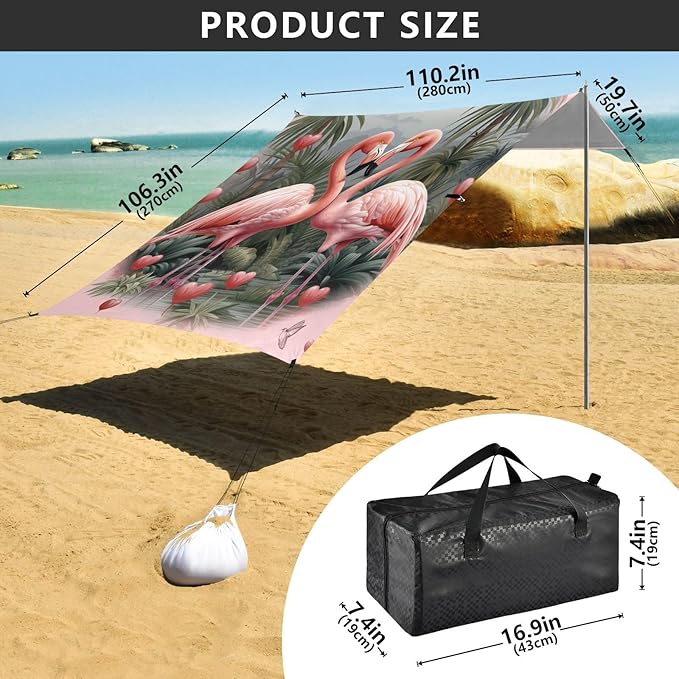 ALAZA Two Flamingo Pink Heart in Palm Jungle Beach Tent Sun Shelter Portable Canopy Sunshade for Outdoor Camping Picnics Backyard Fun 10x9 ft