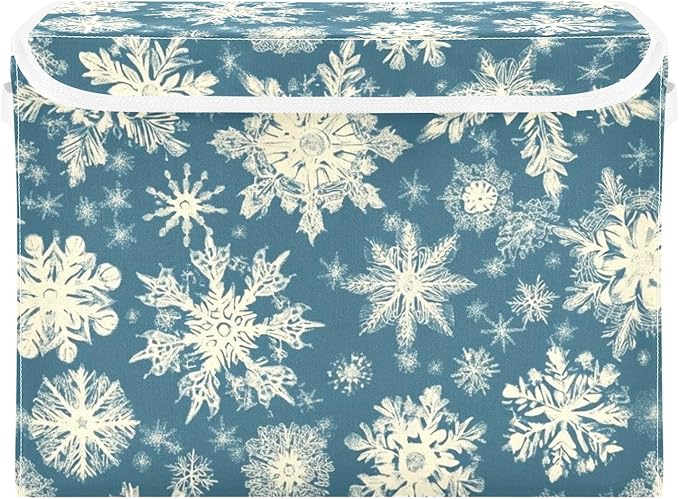 Pretty Christmas Snowflakes Blue Storage Box with Lid 1 PC Foldable Storage Bin with Lids Stackable Storage Bins Cube Closet Organizer Basket with Flip-Top Lid &amp Handles for Shoes Books Towels