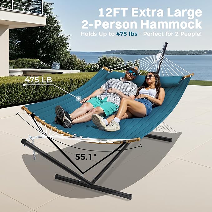 SUPERJARE Curved-Bar Hammock with Stand 2 Person Heavy Duty Hammock Frame Detachable Pillow &amp Portable Carrying Bag Perfect for Outdoor &amp Indoor Peacock Blue